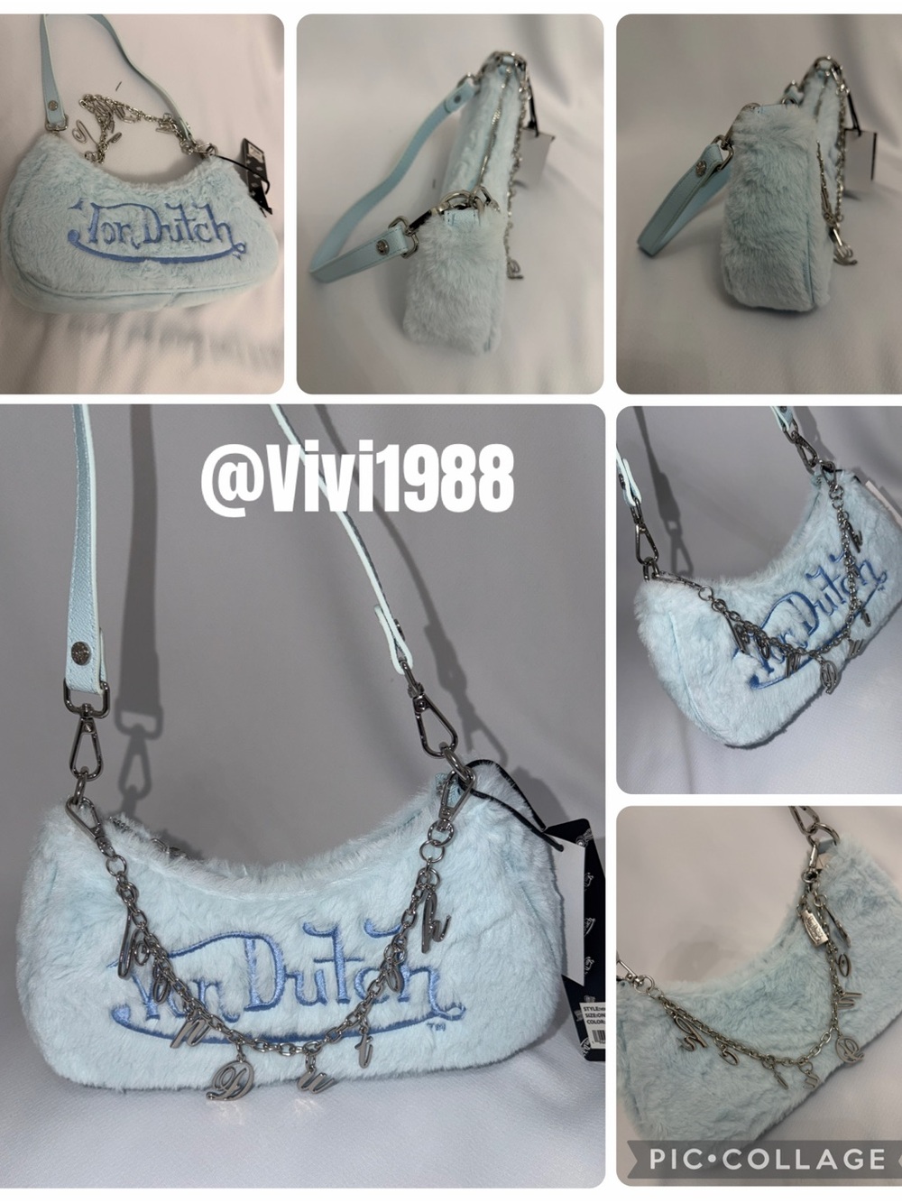 Von Dutch Pastel Blue Faux Fur Shoulder Bag with Charm Chain